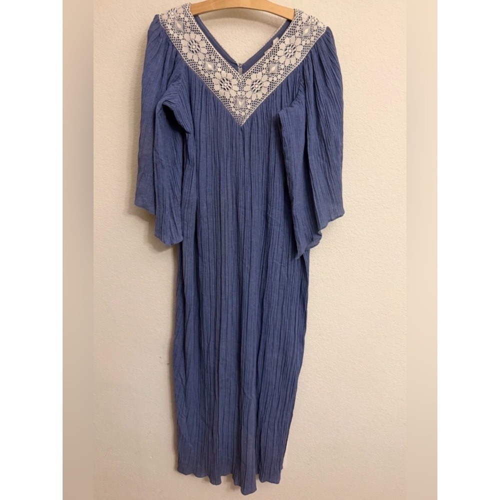 Coco California Vintage 70s Blue Crinkle Gauze Crochet Lace Maxi Dress Boho M/L